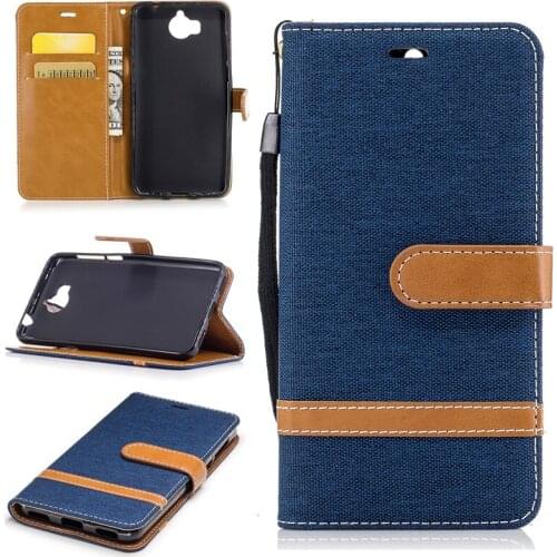 Wholesale Cowboy Jean&PU Leather Cases for Huawei Y5 2017 Kickstand Flip Mobile Phone Cases with Wallet Card Holders&Lanyard