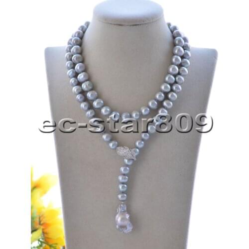 P7541 34" 11mm Gray Round FW Pearl Necklace Keshi Pendant Leaf CZ Choker Women jewelry