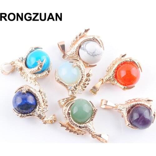 RONGZUAN Natural Gem Stone Round Ball Dragon Claw Crystal Reiki Chakra Pendant Bead 18 inches Chain Necklace Jewelry TBN308