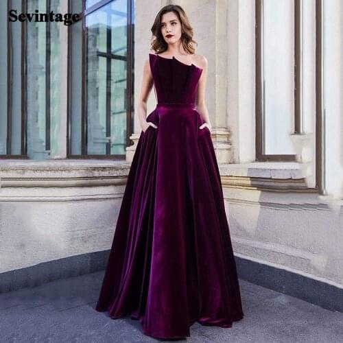 Sevintage A-Line Velvet Long Prom Dresses Pleats Strapless Floor Length Evening Gowns 2021 Princess Women Party Gowns Plus Size