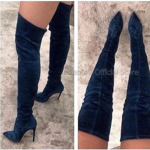 Blue Black Suede Leather Pointed Toe Thin High Heels Woman Slim Fit Winter Long Boots Women Over The knee Thigh High Bota 46