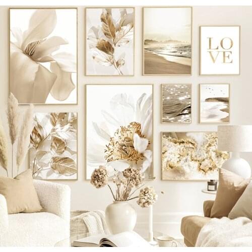 Nordic Modern Art Picture Canvas Painting Wall Art Golden Leaf Beach Scenery Poster and Print for Home Decor Living Room Design