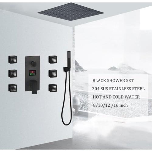 Senlesen Black Shower Faucets Set Big Display Screen 8/10/12/16 inch Rain Shower Head Mixer Tap Bath 3-way Shower Faucet