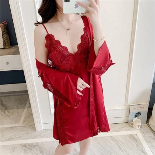 Spring New Woman Sexy Imitate Real Silk Robe Nightdress Set Ice Silk Hollow Sexy Bathrobe