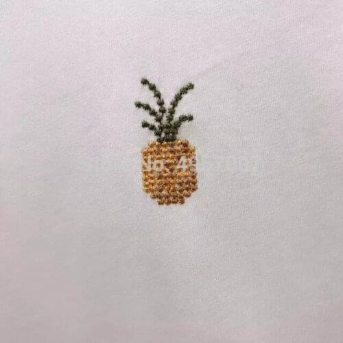 ElfStyle Cotton White Pineapple Embroideried Tees Top - 2020ss O Neck Short Sleeve Women T Shirt