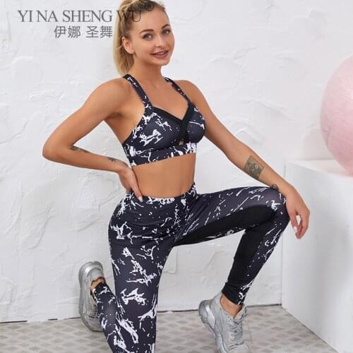 Marble Print Women Yoga Sets Sportswear Fitness Tracksuit Gym Wear Running Clothing Elastic Sport Suit 2peice Sexy Top Leggings