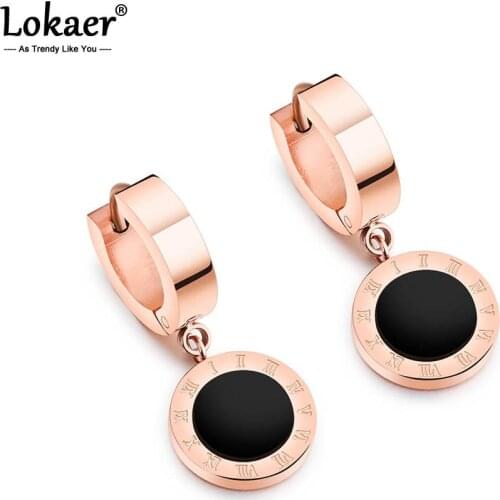 Lokaer Trendy Black/White Shell Roman Numerals Circle Earrings For Women Titanium Steel Rose Gold Female Wedding Earrings E18114