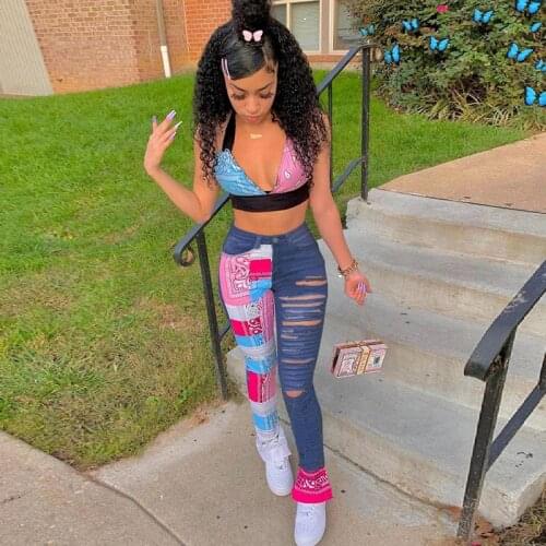 2021 Spring and Summer New Womens Patchwork Cropped Blouse High Waist Ripped Jeans Perlis Two-Piece Suit