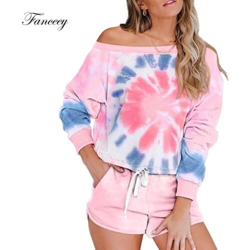 Fanceey Tie Dye Women Pajama Sets Round Collar Sleepwear Women Long Sleeve Home Suit for Women Fashion New Pajamas with Shorts