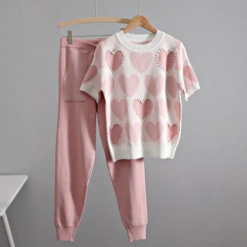 New Spring Summer 2 Piece Sets Women Knitted Tracksuits Embroidery Heart O Neck Short Sleeve Women T Shirt Knitted Pencil Pants