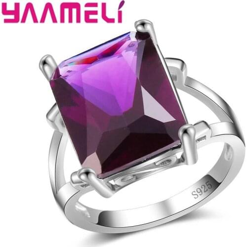 New Design Jewelry Big Square Women 925 Sterling Silver Wedding Party Rings Purple Crystal Rhinestone Finger Anel