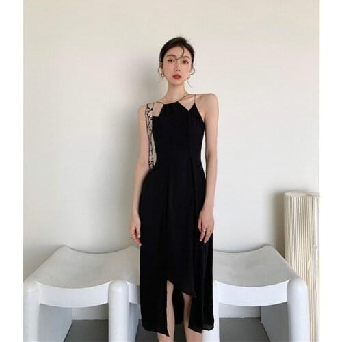 Lady Summer Hollow Fashion Designer Spaghetti Strap Black Elegant Sexy Long Dress Women