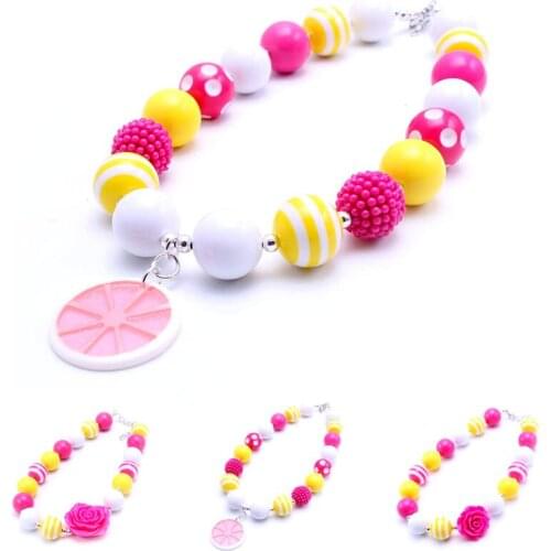 MSH.SUN Cute Lemon Pendant Chunky Beads Necklace For Child/Kids/Girls Bubblegum Chunky Necklace Handmade Party Jewelry