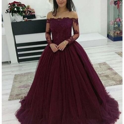 ANGELSBRIDEP Long Sleeves Evening Party Gowns Abendkleider Sexy Boat-Neck Tulle Floor-Length Formal Prom Quinceanera Dresses HOT
