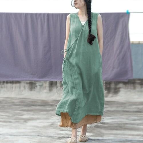 Johnature Women Dandage Dress Vintage Sleeveless V-Neck Ramie Solid Color 2021 Summer New Casual Women Cloths Soft Dress