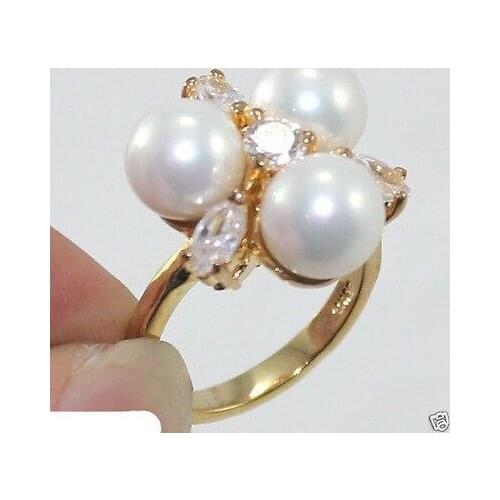 8mm White South Sea Shell Pearl CZ Crystal Ring US size 6 7 8 9# Crystal ringe wide Girl womens jewelry pcs