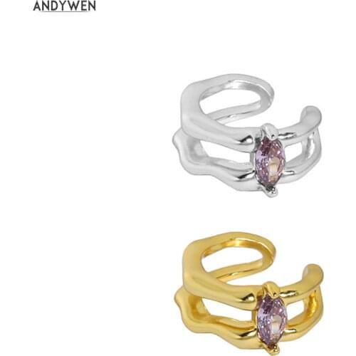 ANDYWEN 925 Sterling Silver Gold Purple Zircon Purple CZ Crystal Piercing Pendiente Clips Luxury Jewelry Women Fine Jewels