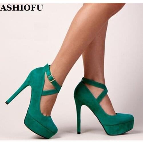 ASHIOFU 2020 Handmade Women High Heel Pumps X-buckle Strap Round-toe Party Prom Dress Shoes Evening Club Fashion Court Shoes