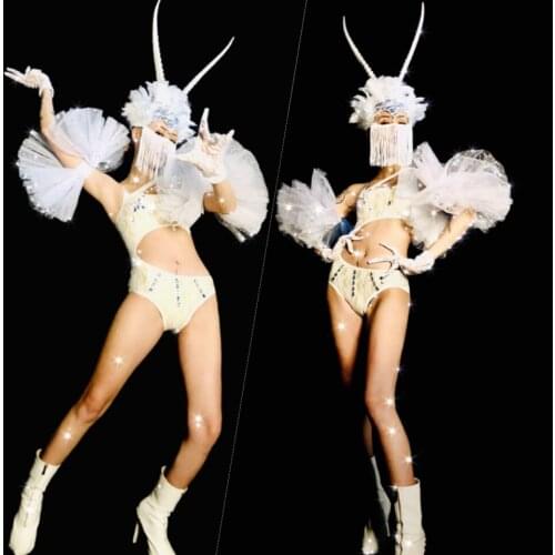 White dancer costume party girl singer women jazz stage show outfit gogo wear