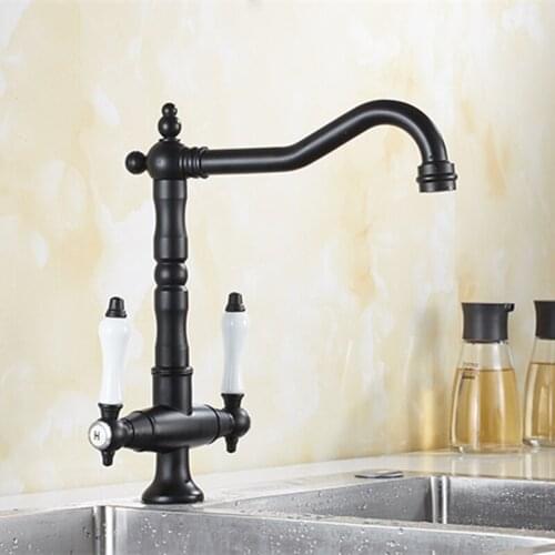 Black Kitchen Faucet Deck Mounted Kitchen Sink Mixer Antique Brass Bathroom Faucet 2 Handles Rotatable Gold Kitchen Taps