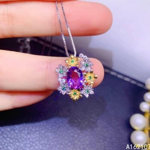 Boutique Jewelry 925 Sterling Silver Inlay With Natural Gem Female Popular Classic Flower Amethyst Pendant Necklace Support Test