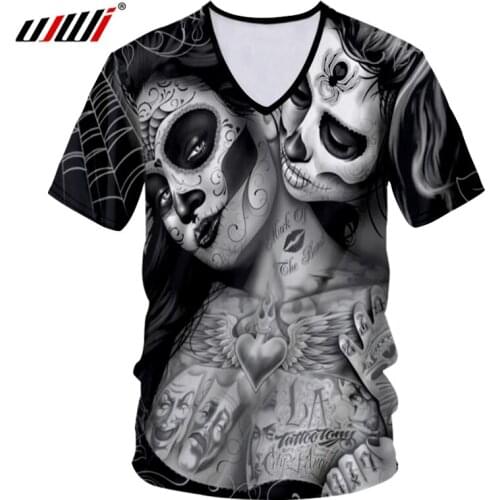 UJWI 3D V-neck t shirt Woman Men Skull Clown tshirt Print Peking Opera Summer Tops Casual Tees Short Sleeve Streetwear Halloween