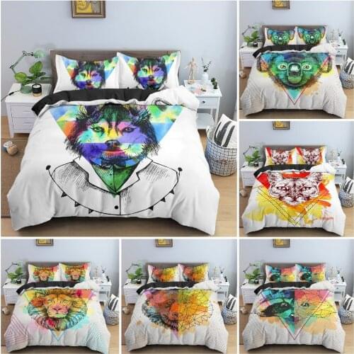2/3Pcs Bedding Set Polygon Cartoon Animal Duvet Cover Set Bedroom Decor Watercolor Background Bedclothes King Queen Twin Size