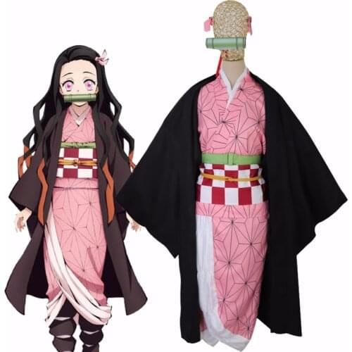 Anime Demon Slayer Kamado Nezuko Cosplay Costume Kimetsu no Yaiba Girls Pink Kimono Halloween Costumes Full set for Women