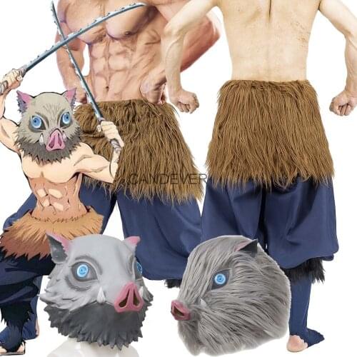 Anime Demon Slayer Cosplay Kimetsu No Yaiba Hashibira Inosuke Cosplay Outfit Pants Halloween Costume Pig Head Mask men adult