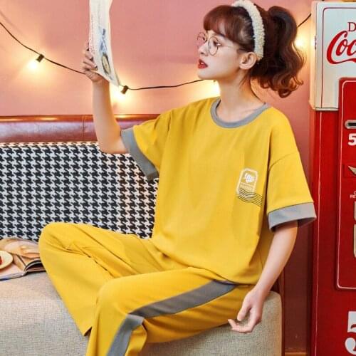 Summer Simple Yellow Sleepwear Ladies Thin Cute Patchwork Short-Sleeved Trousers Cotton Homewear Fashion Printing Women Pajamas