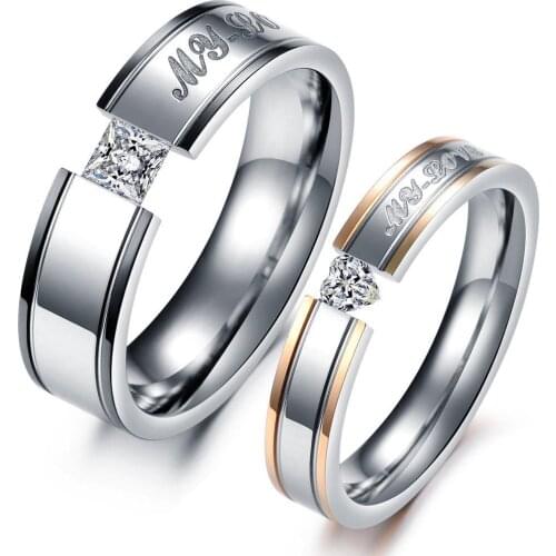 Fashion Heart AAA Cubic Zirconia Rhinestone + Steel Couple Rings Set Women and Men Engagement Wedding Ring GJ351
