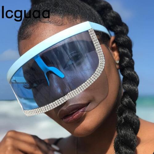 Fashion Crystal Oversize Shield Visor Sunglasses Women 2019 Flat Top Mask Onepiece Shades Men Windproof Eyewear Gafas de sol
