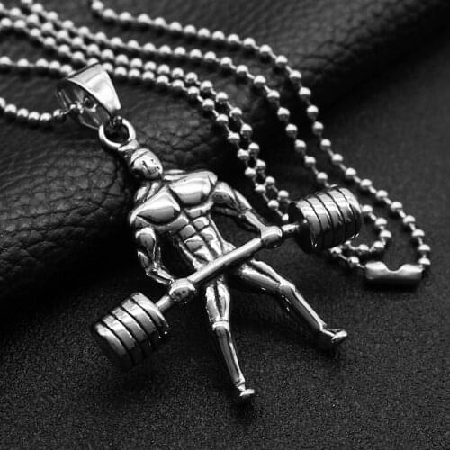 Fashion Stainless Steel Masculine Bodybuilder Sports Pendant Necklace Weightlifting Barbell Fitness Charms Jewelry for Men Gifts
