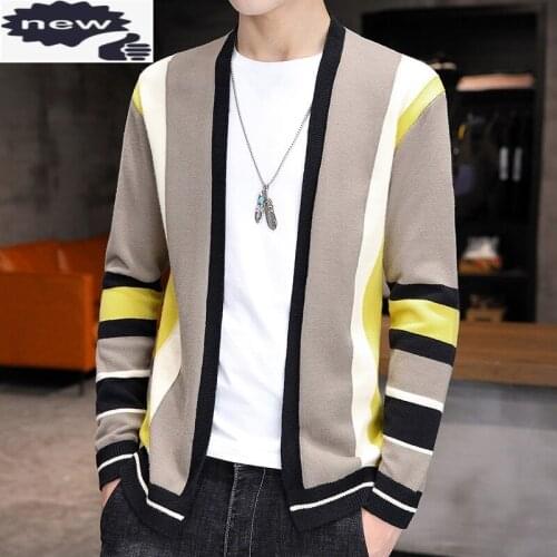 Japan Style Mens Striped Cardigan Sweater Autumn Long Sleeve Slim Fit V-Neck Single Breasted Casual Knitting Sweatercoat Male