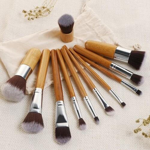New 11pcs Natural Bamboo Handle Makeup Brushes Set High Quality Foundation Blending Cosmetic Make Up Tool Set With Cotton Bag