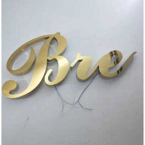 Outdoor custom shiny gold stainless steel back lit channel letters 3D LED door signage