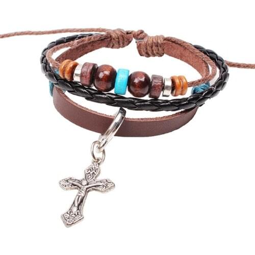 Gnova New Fashion Leather Christian Jewelry Men Women Handmade Cross Women Charm Bracelets For Boy Girl