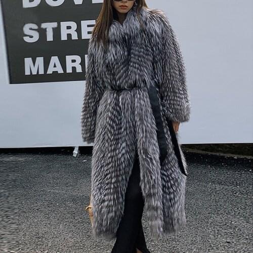 Fashion Long Real Silver Fox Fur Coats Stand Collar 120cm X-long Women Genuine Leather Fox Fur Coat Outwear Winter Fur Overcoats