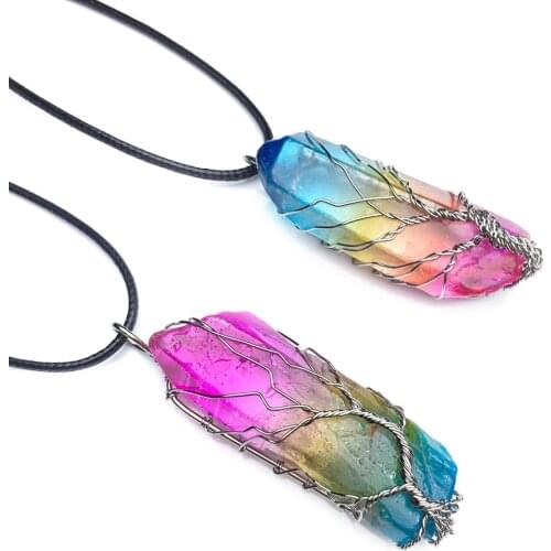 Natural Rainbow Crystal Pillar Pendants Handmade Copper Wire Wrapped Tree of Life Wholesale 6Pcs/Lot for Necklace Jewelry