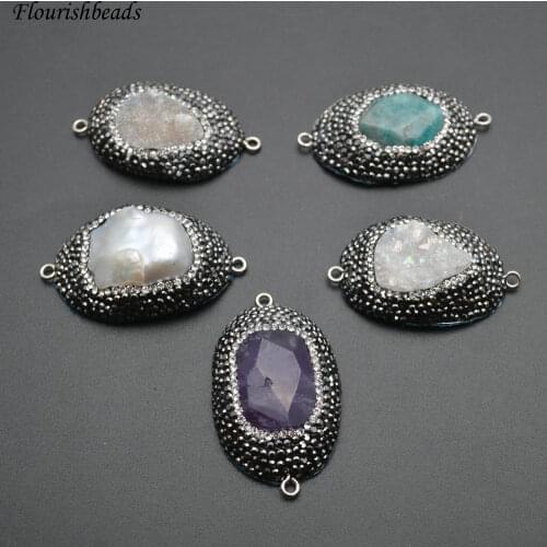 Two loops paved crystal Oval shape pendant jewelry connectors ( Druzy / Pearl / Amazonite / Amethyst ) 5pc per lot