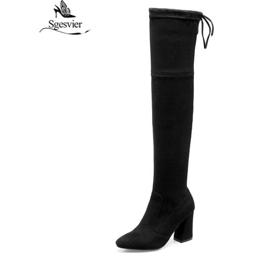 Sgesvier Western Style Over The Knee Boots Suede Square High Heel Women Boots Sexy Ladies Lace Up Fashion Boots Size 33-46 B410