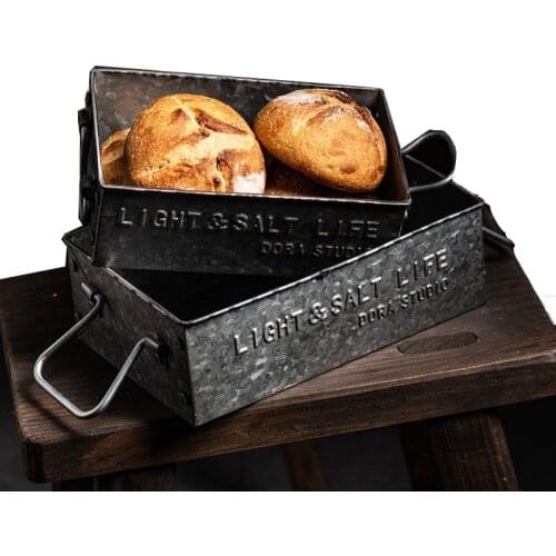 Vintage Old Wrought Serving Tray Retro Metal Sundries Tray Breakfast Bread Cake Snack Plate Rectangular Box