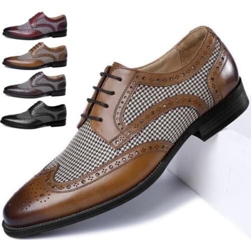 Brogues Shoes Retro Men Canvas Leather Shoes Breathable Lace Up Business Casual Shoes Man Dress Shoes High Quality Male Shoes