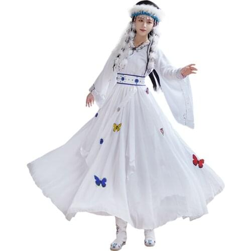 Vintage White Princess Dance Suits Huan Zhu Ge Ge Clothing Chinese Folk Dance Female Minority Clothes Carnival Cosplay