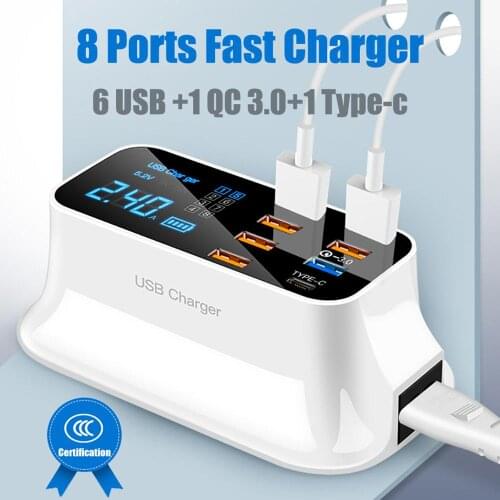 8 Ports Quick Charge 3.0 Led Digital Display USB Charger QC3.0 PD Charger Mobile Phone Charger for Samsung Huawei Xiaomi iPhone