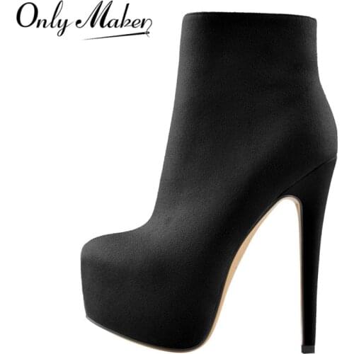 Onlymaker Women Round Toe Patform Ankle Booties For Black and Red Flock Stiletto Side Zipper 16CM High Heel Boots For Ladies