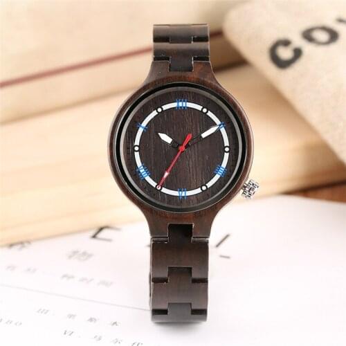 Handmade Ebony Wooden Clock Lady Quartz Analog Watches Luminous Pointers Roman Number Dial Wrist Watch to Women Wood Bracelet
