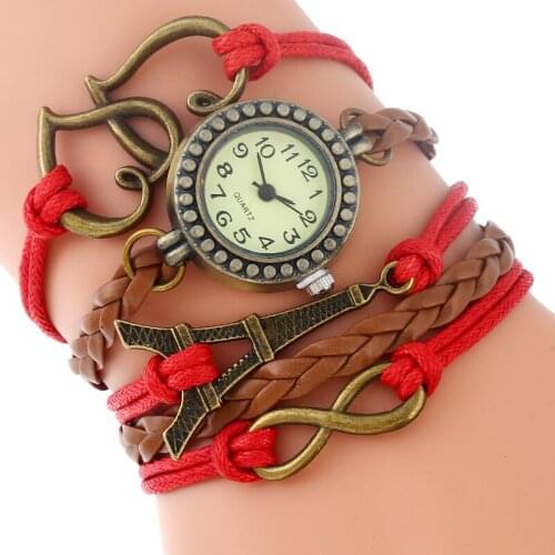 Gnova Platinum Eiffel Tower Red Bracelet Women Watch Vintage Fashion Paracord Hearts Retro Rhinestone Quartz Wristwatch A914