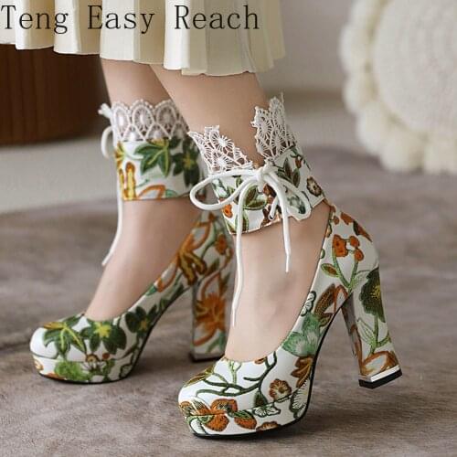 2021 Ankle Shoelace Strap Lace Platform Block High Heels Flowers Printed Party Lady Pumps Woman Shoes Plus Size 43 Party Heels