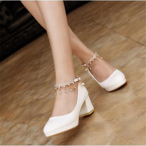 Ladies Block Heels Platform Shoes for Woman PU Leather Pumps White Black Wedding Dress Rhinestone Heels Zapato Plataforma Tacon